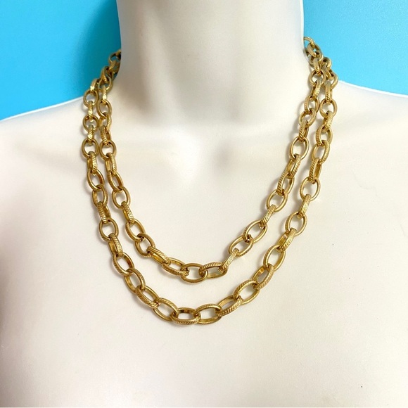 Gold Tone Double Strand Texture Link Necklace - Picture 4 of 8